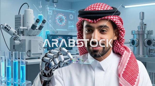 عالم سعودي مع يد روبوتية في مختبر تقنية حيوية