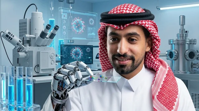 عالم سعودي مع يد روبوتية في مختبر تقنية حيوية