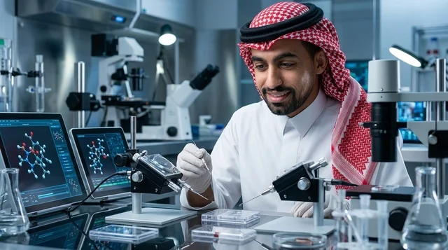 باحث وعالم سعودي يجري تجارب علمية في مختبر حديث