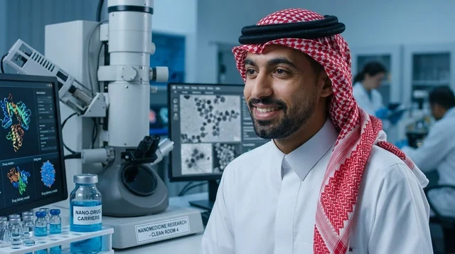 عالم عربي مبتسم في مختبر أبحاث تكنولوجيا النانو الحديث