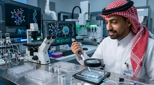 عالم سعودي يجري أبحاثاً طبية داخل مختبر تقني حديث