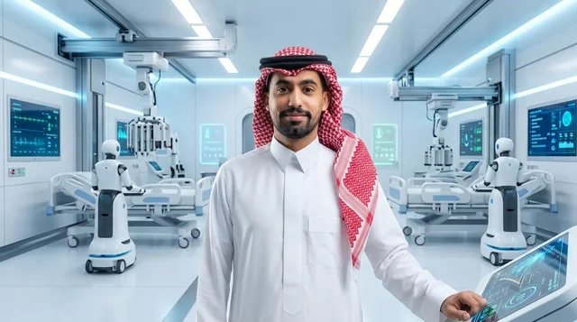 رجل سعودي في مستشفى ذكي مستقبلي مع روبوتات طبية
