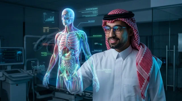طبيب سعودي يتفاعل مع مجسم هولوغرافي لتشريح الإنسان
