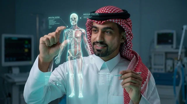 طبيب سعودي يتفاعل مع هولوغرام طبي ثلاثي الأبعاد للتشريح