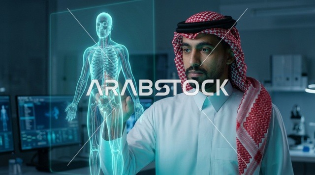 عالم سعودي يتفاعل مع مجسم هولوغرام طبي ثلاثي الأبعاد