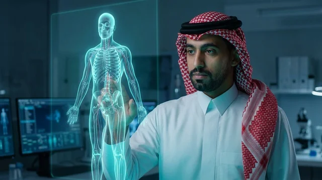 عالم سعودي يتفاعل مع مجسم هولوغرام طبي ثلاثي الأبعاد