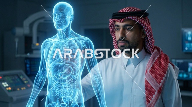 عالم سعودي يتفاعل مع مجسم هولوغرام طبي ثلاثي الأبعاد