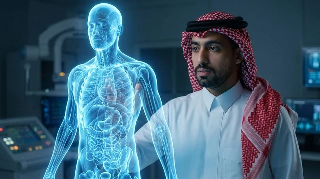 عالم سعودي يتفاعل مع مجسم هولوغرام طبي ثلاثي الأبعاد
