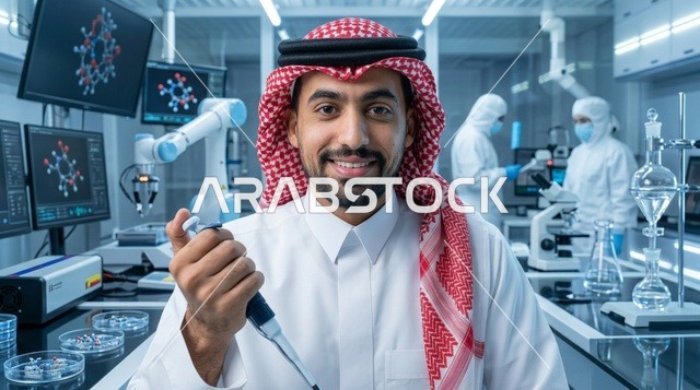 طبيب وباحث سعودي يعمل في مختبر أبحاث طبي حديث متطور