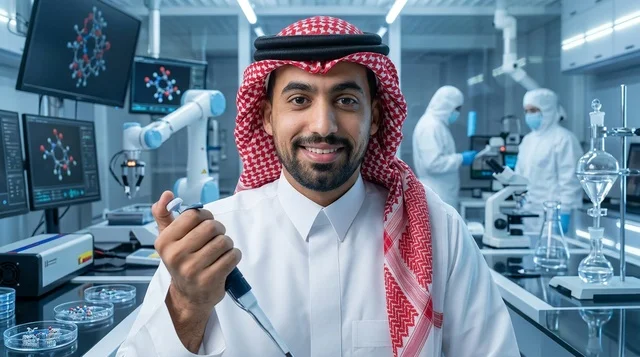 طبيب وباحث سعودي يعمل في مختبر أبحاث طبي حديث متطور