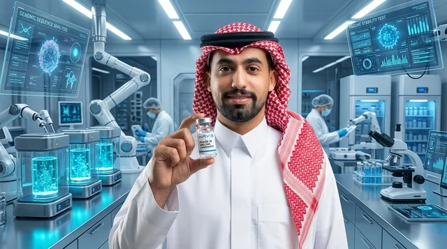 عالم سعودي يحمل قارورة لقاح داخل مختبر أبحاث مستقبلي