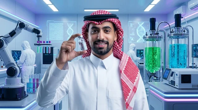 عالم سعودي يحمل زجاجة لقاح داخل مختبر طبي حديث