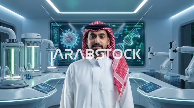 عالم سعودي مبتسم داخل مختبر روبوتات وأبحاث تقني مستقبلي