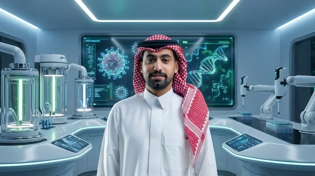 عالم سعودي مبتسم داخل مختبر روبوتات وأبحاث تقني مستقبلي