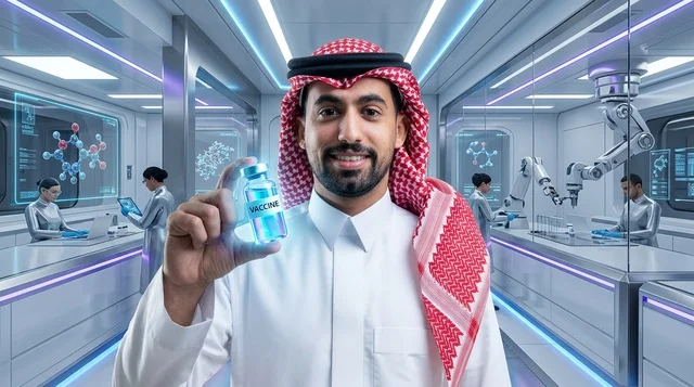 طبيب سعودي يحمل قارورة لقاح في مختبر مستقبلي ذكي