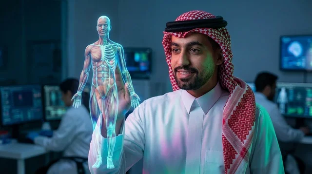 عالم سعودي يتفاعل مع هولوغرام تشريح في مختبر طبي