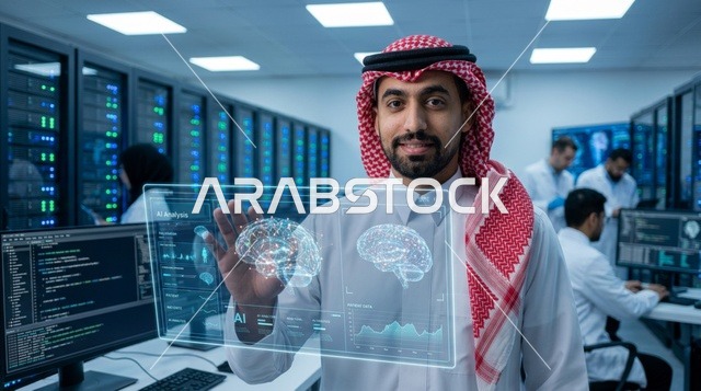 أخصائي تقنية معلومات سعودي مع هولوغرام ذكاء اصطناعي