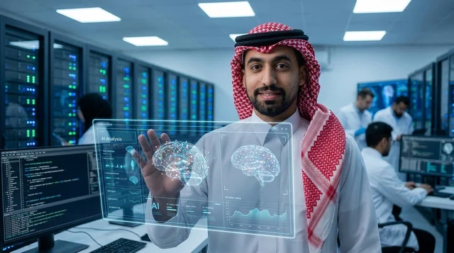 أخصائي تقنية معلومات سعودي مع هولوغرام ذكاء اصطناعي