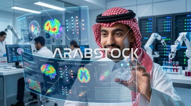 عالم سعودي يتفاعل مع شاشة هولوغرام ذكية لفحص الدماغ