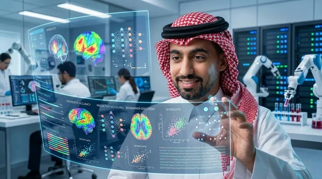 Saudi Scientist Interacting with Holographic Brain Scan