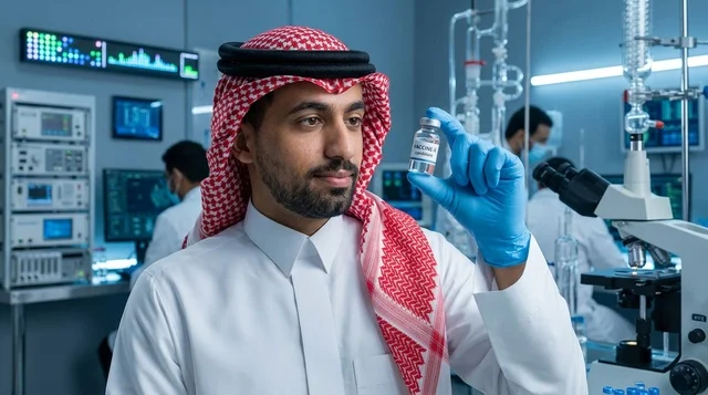 عالم سعودي يحمل عبوة لقاح في مختبر طبي
