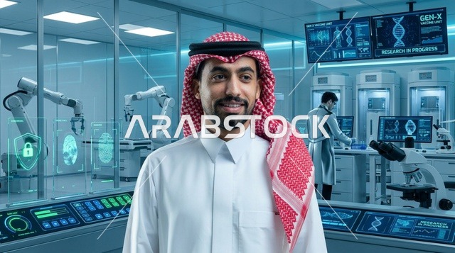 عالم سعودي داخل مختبر أبحاث وتقنية حيوية حديثة