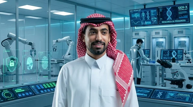 عالم سعودي داخل مختبر أبحاث وتقنية حيوية حديثة