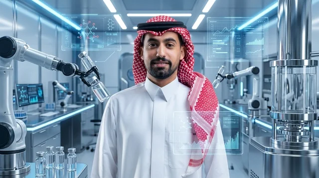 عالم سعودي مبتسم داخل مختبر روبوتات وأبحاث تقني مستقبلي