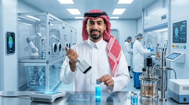 عالم سعودي يجري أبحاثاً طبية في مختبر تقنية حيوية