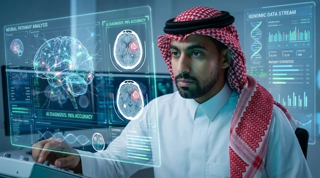 Saudi Medical Researcher Analyzing Holographic Brain Scan