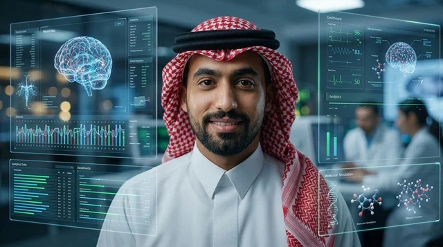 طبيب سعودي مع شاشات هولوغرام طبية ذكية في مختبر حديث