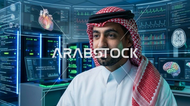 طبيب سعودي في مختبر تقنية طبية وشاشات هولوغرام متطورة