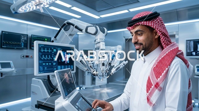 طبيب سعودي يشغل نظام الجراحة الروبوتية في المستشفى