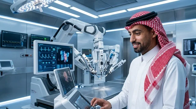 طبيب سعودي يشغل نظام الجراحة الروبوتية في المستشفى