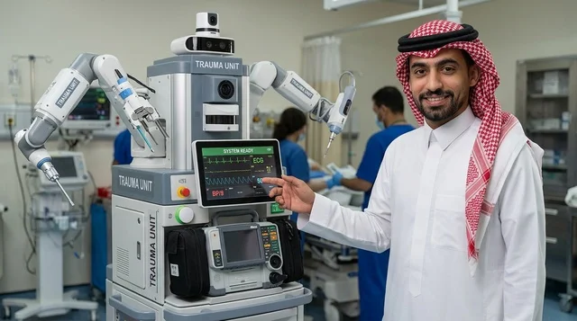 رجل سعودي مع وحدة روبوت طبي متطورة في المستشفى رجل سعودي مع وحدة روبوت طبي متطورة في المستشفى