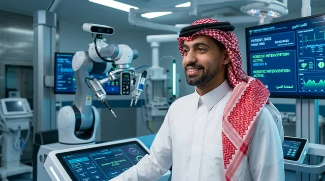 طبيب سعودي مع جهاز الروبوت الجراحي في غرفة العمليات