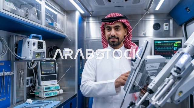 رجل سعودي يشغل الأجهزة الطبية داخل سيارة الإسعاف