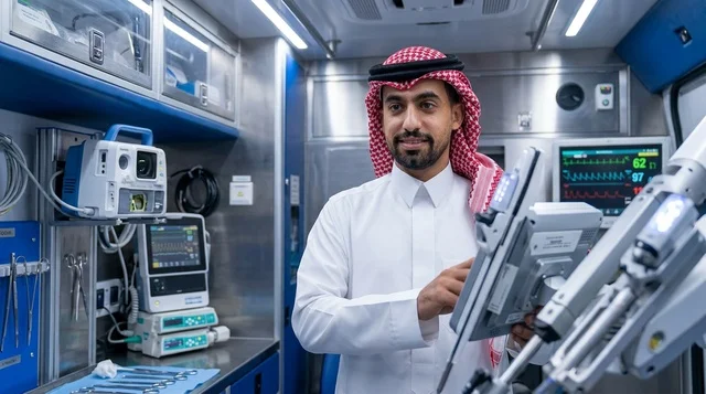 رجل سعودي يشغل الأجهزة الطبية داخل سيارة الإسعاف