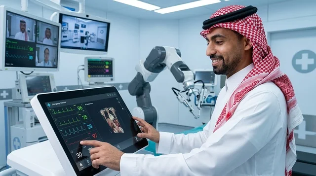 طبيب سعودي يستخدم شاشة طبية رقمية في غرفة عمليات