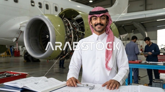 مهندس طيران سعودي في حظيرة الطائرات مع محرك نفاث