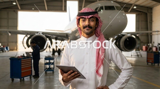 مهندس طيران سعودي يحمل جهاز لوحي في حظيرة طائرات