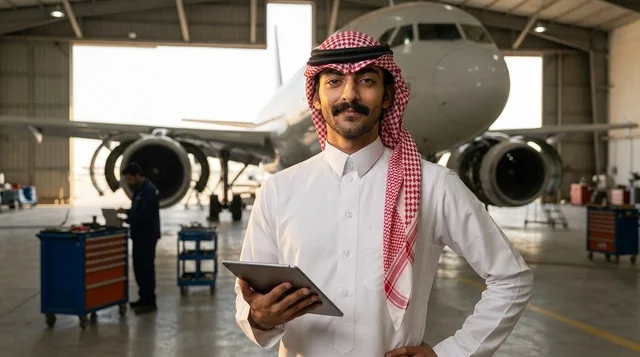 مهندس طيران سعودي يحمل جهاز لوحي في حظيرة طائرات