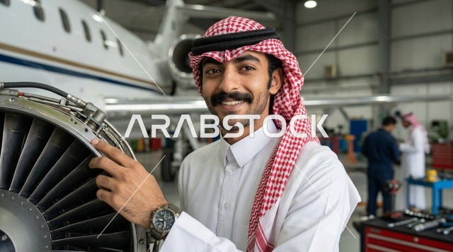 مهندس طيران سعودي يرتدي الزي التقليدي بجانب محرك طائرة