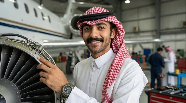 مهندس طيران سعودي يرتدي الزي التقليدي بجانب محرك طائرة