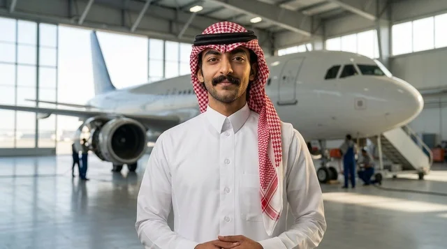 رجل سعودي بالزي التقليدي يقف أمام طائرة في الحظيرة