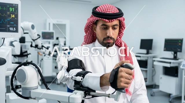 رجل سعودي يستخدم جهاز العلاج الطبيعي الآلي