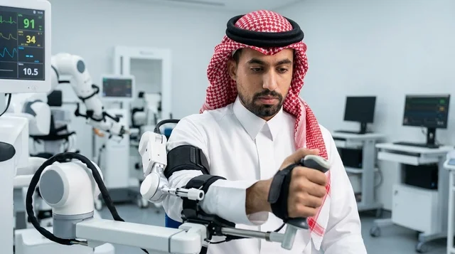 رجل سعودي يستخدم جهاز العلاج الطبيعي الآلي