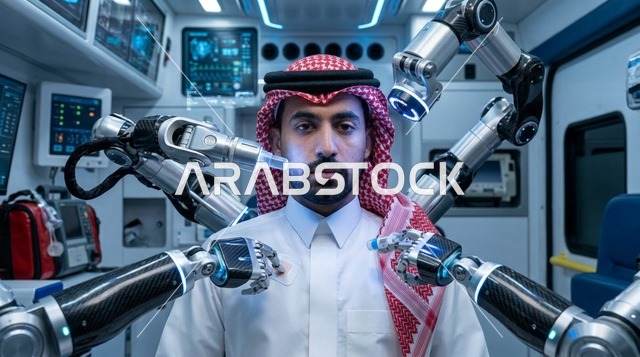 رجل سعودي محاط بأذرع روبوتية متطورة في مختبر طبي مستقبلي