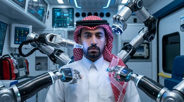 رجل سعودي محاط بأذرع روبوتية متطورة في مختبر طبي مستقبلي