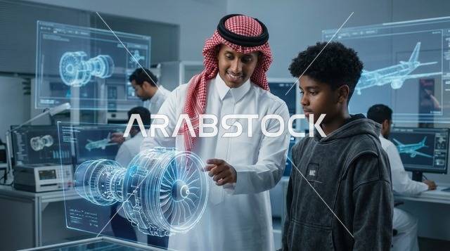 مهندس سعودي يشرح هولوجرام محرك طائرة في مختبر تقني